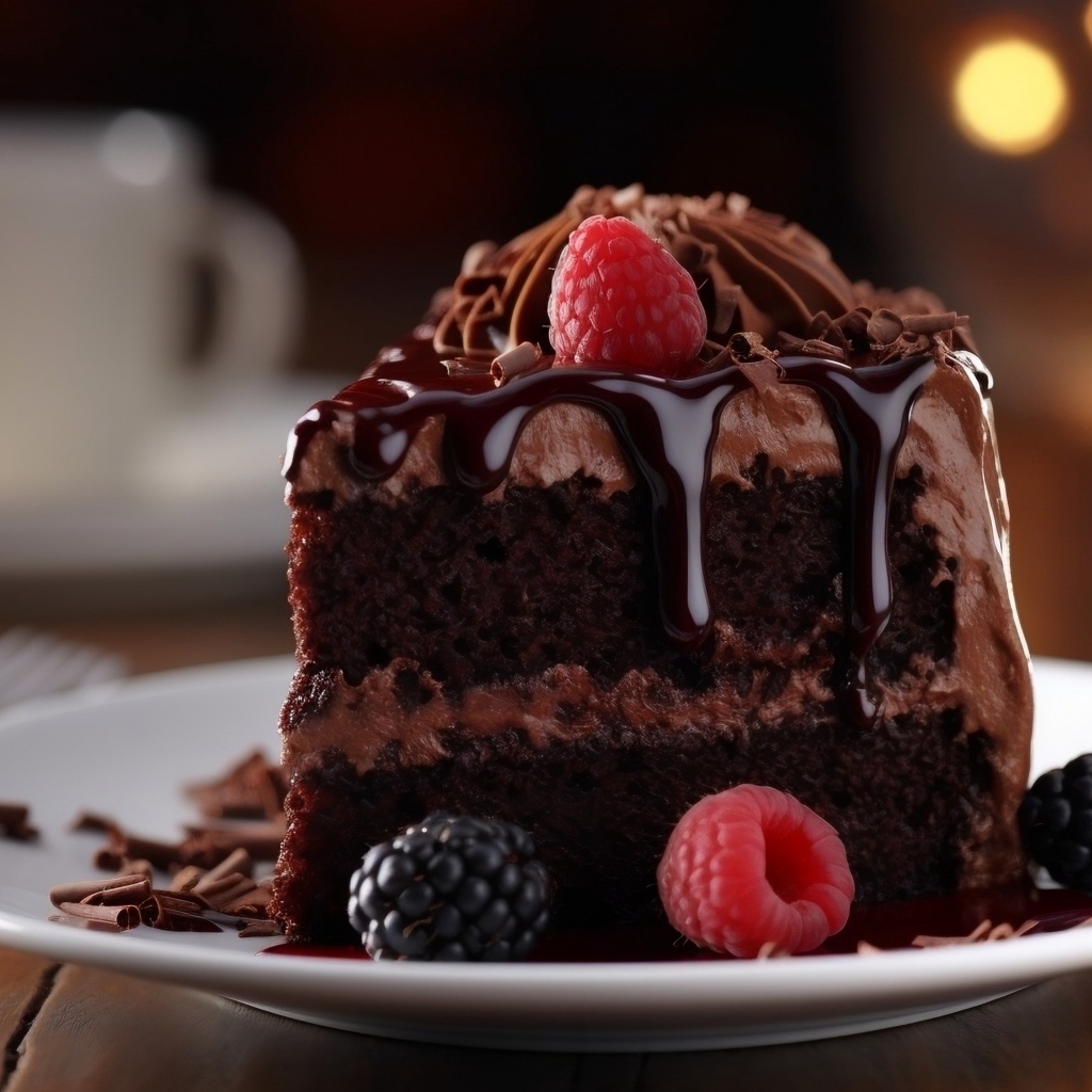 Кусок шоколадного торта с кремом и ягодами на тарелке