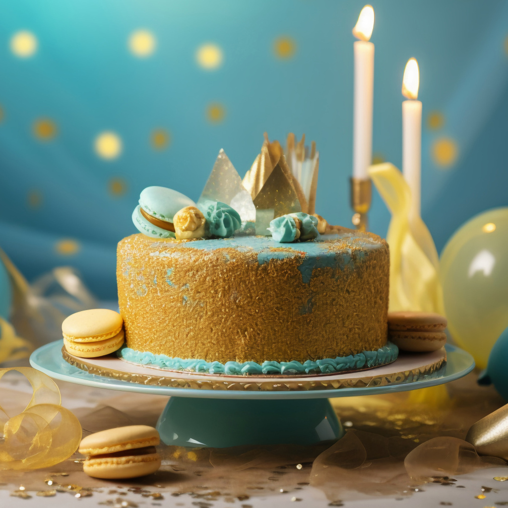 Торт на день рождения в голубой глазури с макарунами