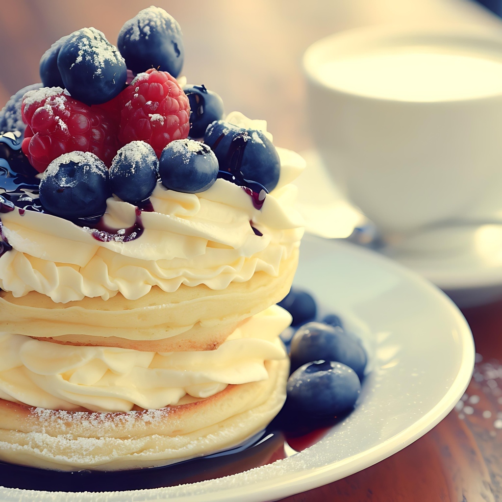 Сырники с кремом и ягодами на столе на завтрак