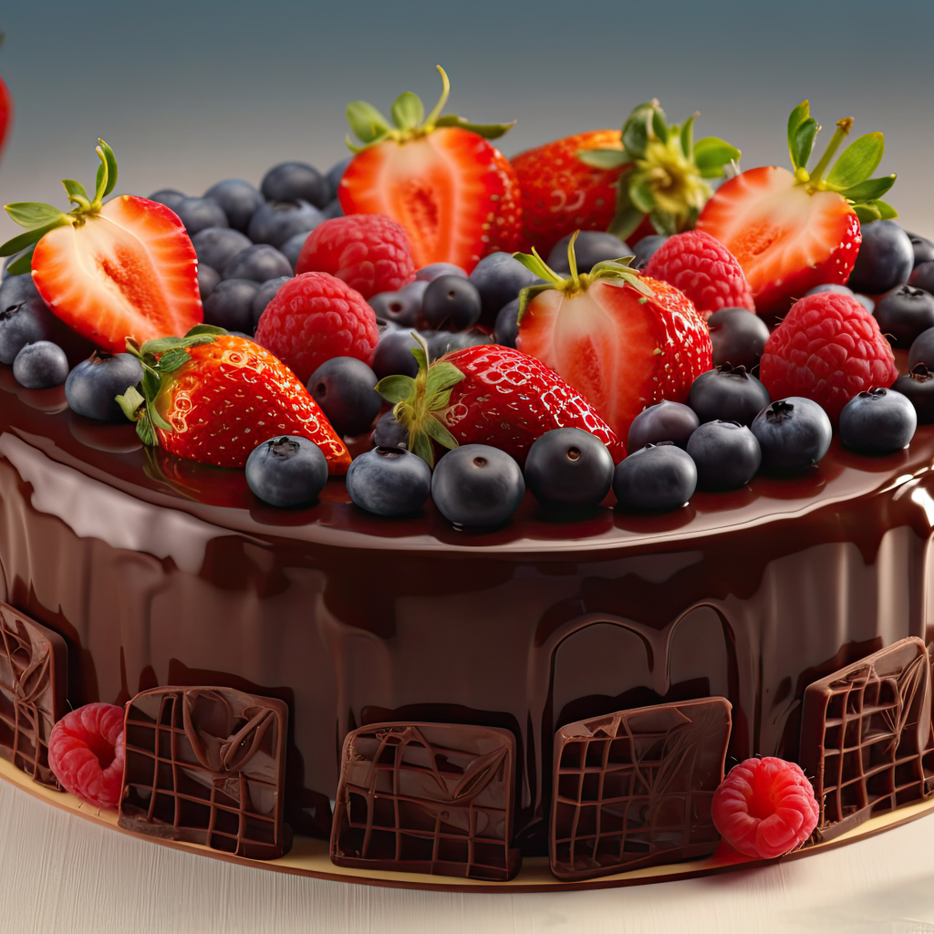 Торт в шоколаде с ягодами черники, клубники и малины