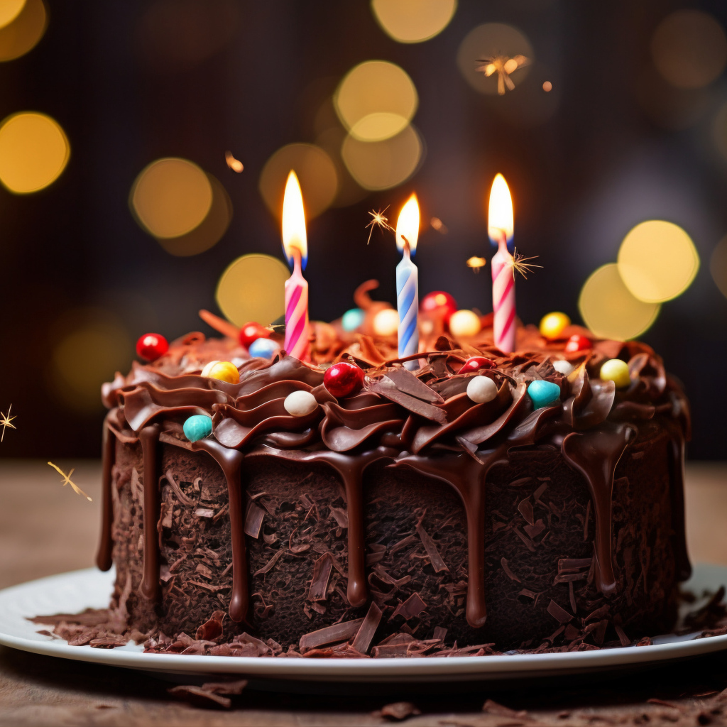 Шоколадный торт с тремя зажженными свечками