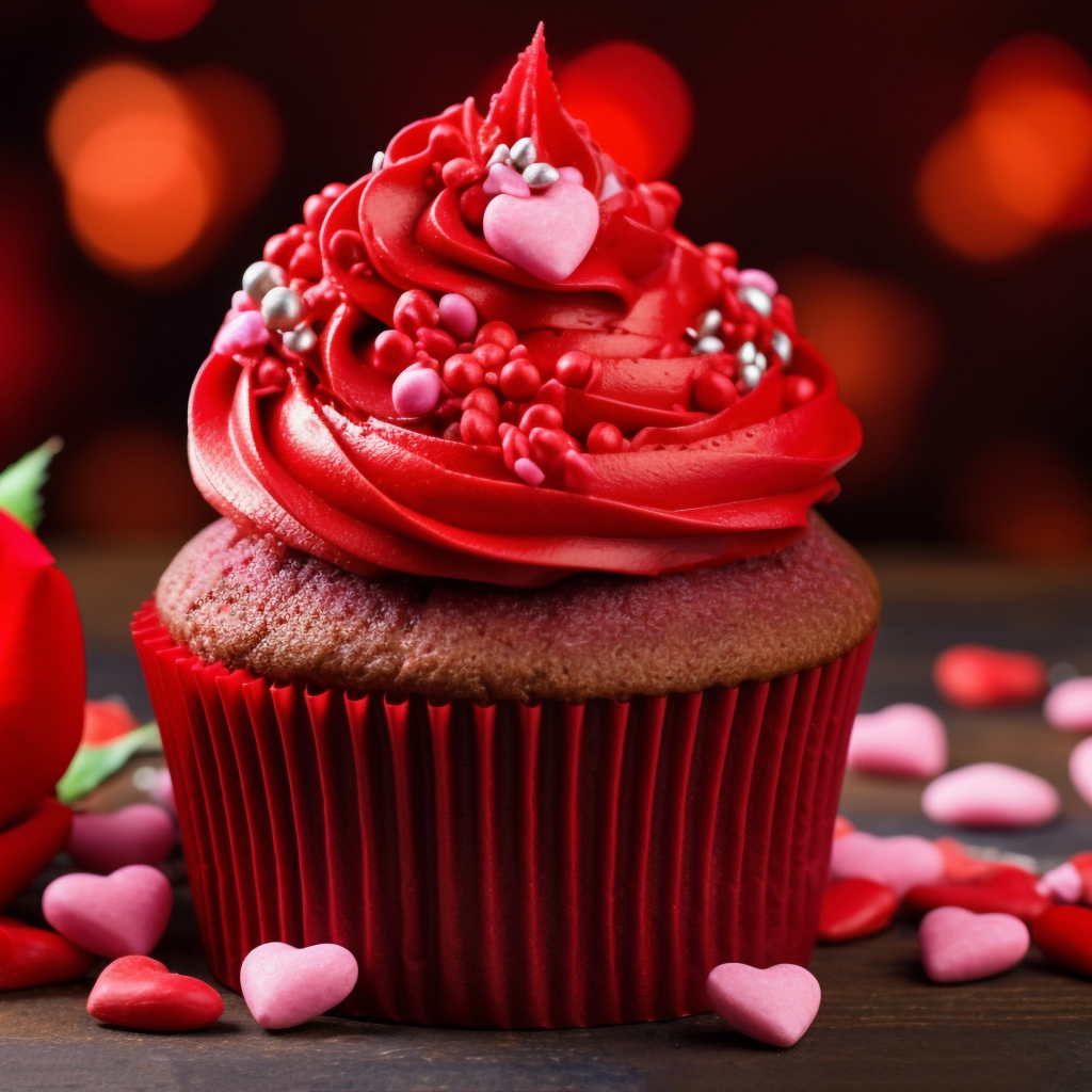 Кекс с красным кремом, розой и конфетами