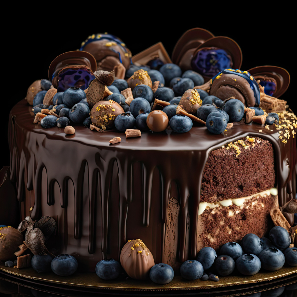 Аппетитный торт в шоколаде с конфетами и ягодами черники