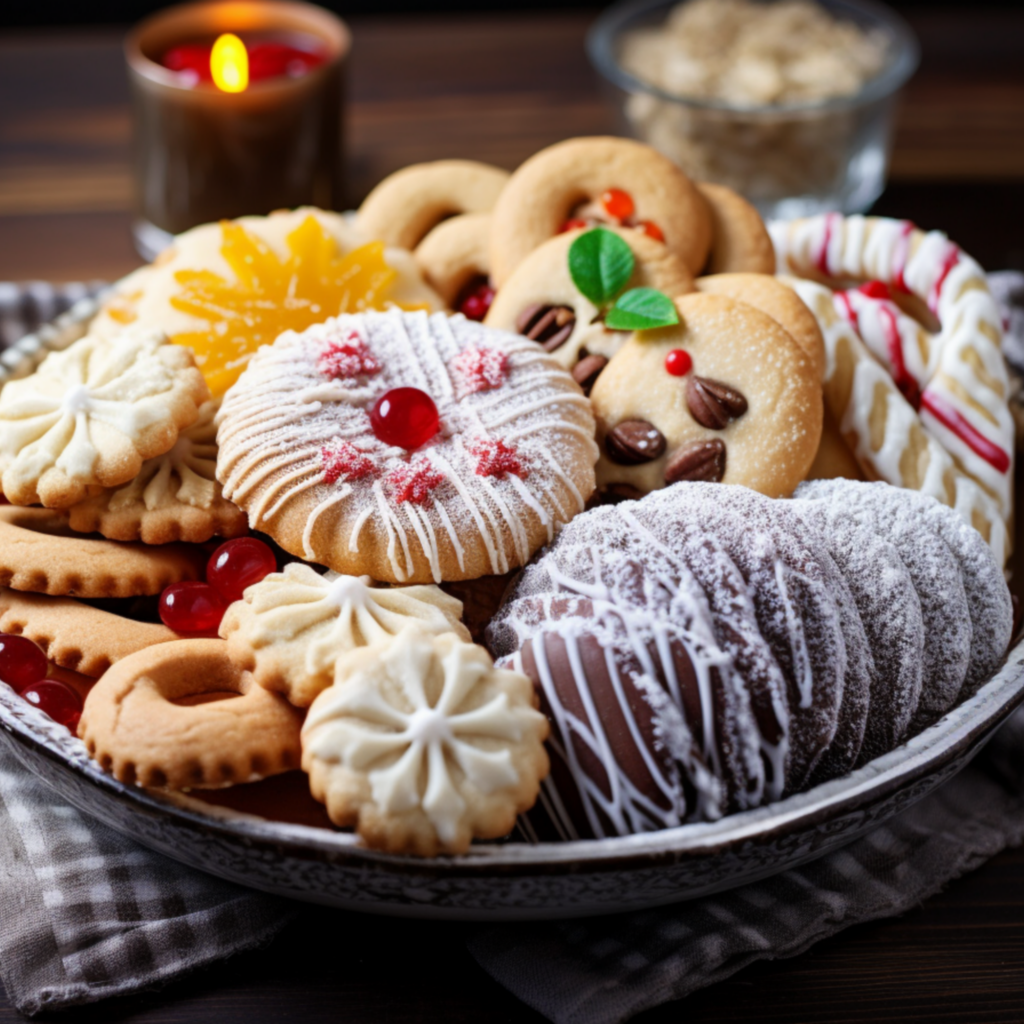 Вкусное разное печенье на столе к празднику