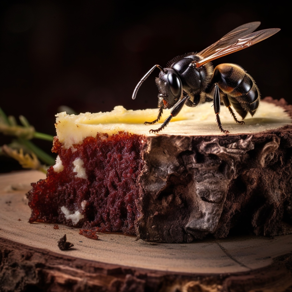 Большой кусок шоколадного торта с пчелой