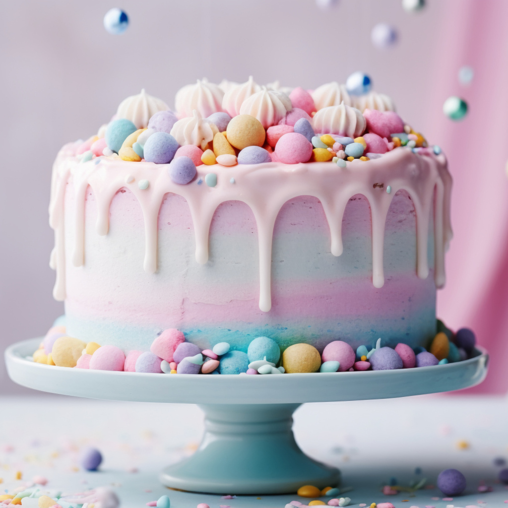 Разноцветный торт украшен конфетами