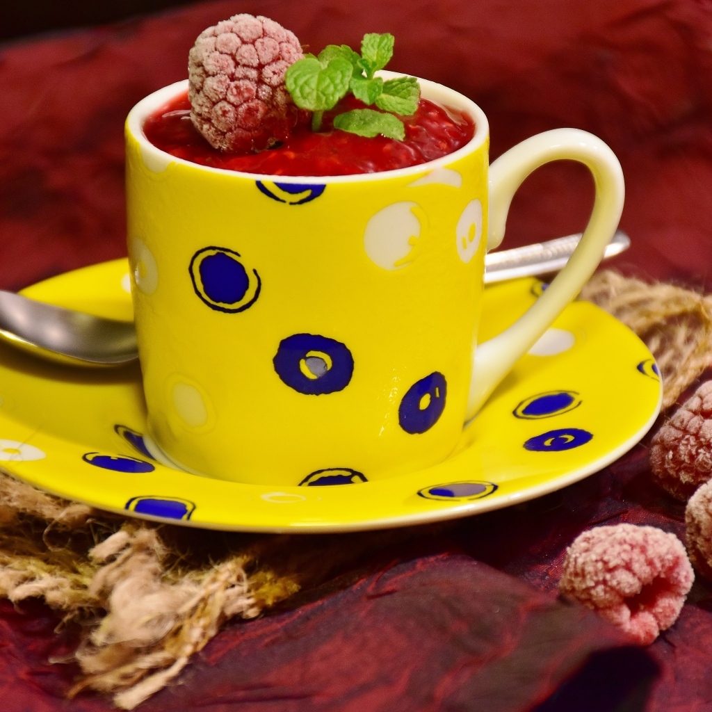 Малиновый сорбет с ягодами на столе в чашке