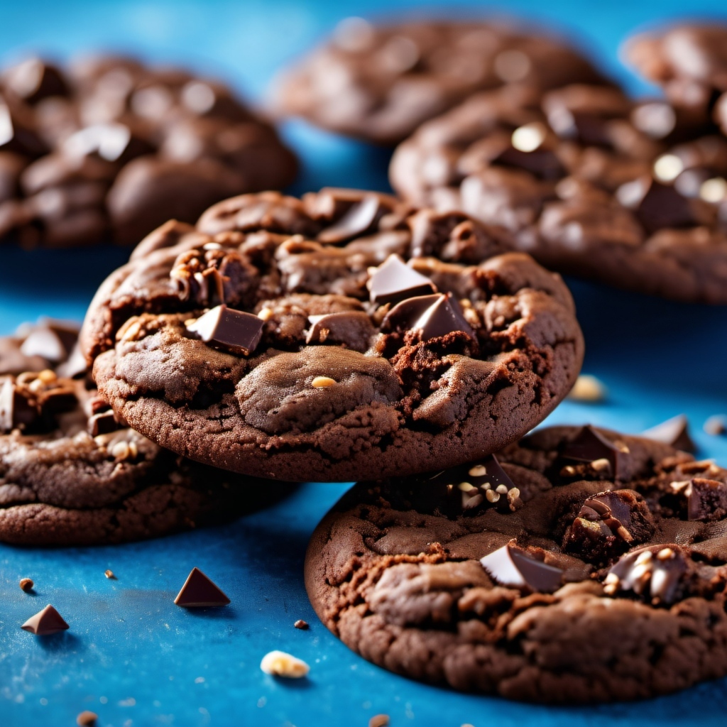 Круглое печенье с шоколадной крошкой на синем столе