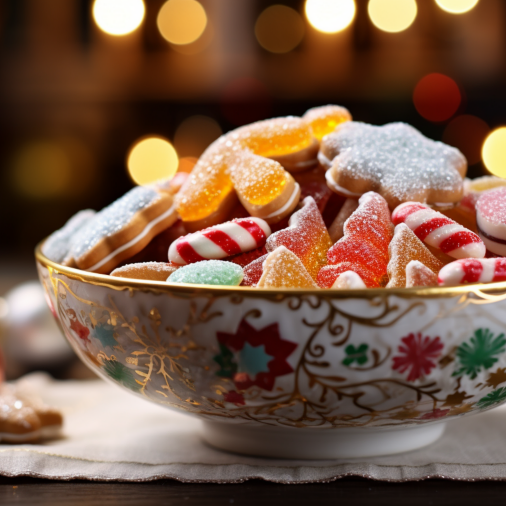 Сладкие праздничные конфеты в тарелке на столе