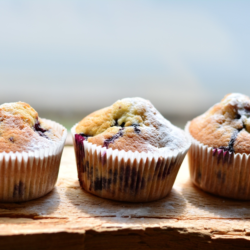 Три вкусных сладких кекса с сахарной пудрой на столе