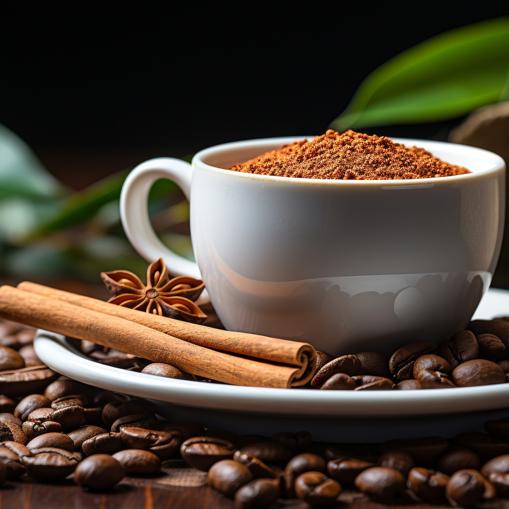 Чашка с молотым кофе и зернами на столе с корицей