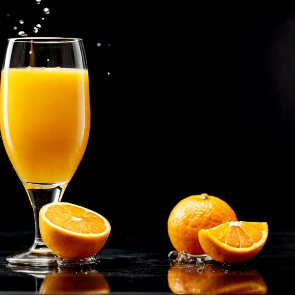 Стакан апельсинового сока с фруктами на столе