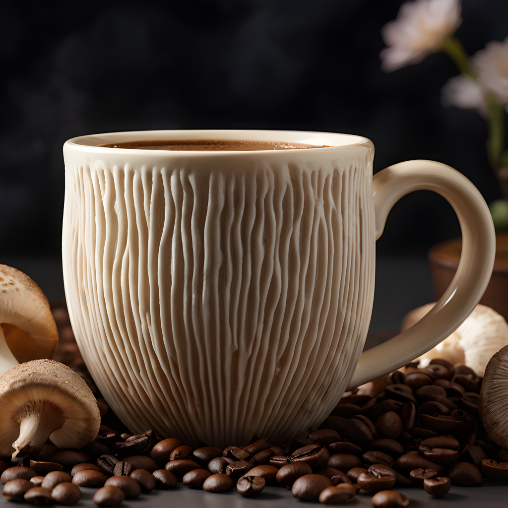 Необычная кружка на столе с грибами и кофейными зернами