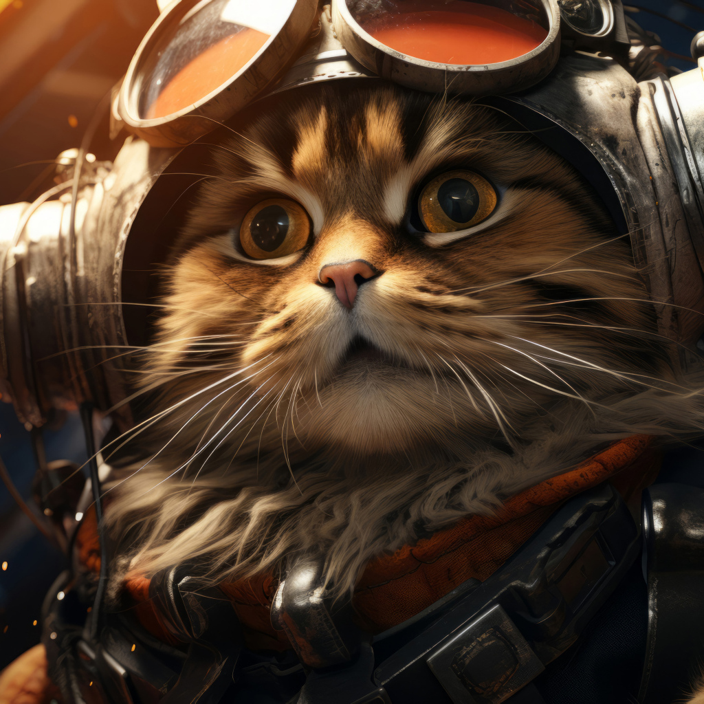 Пушистый серый кот пилот в шлеме