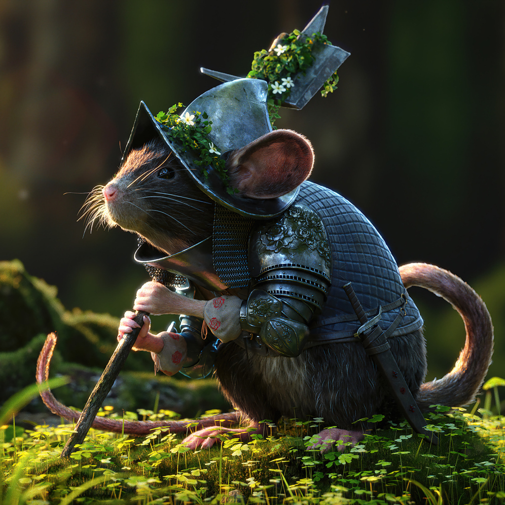 Маленькая мышка в доспехах с оружием