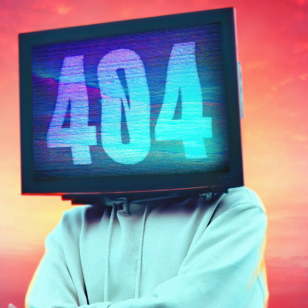 Монитор на лице с ошибкой 404 на красном фоне