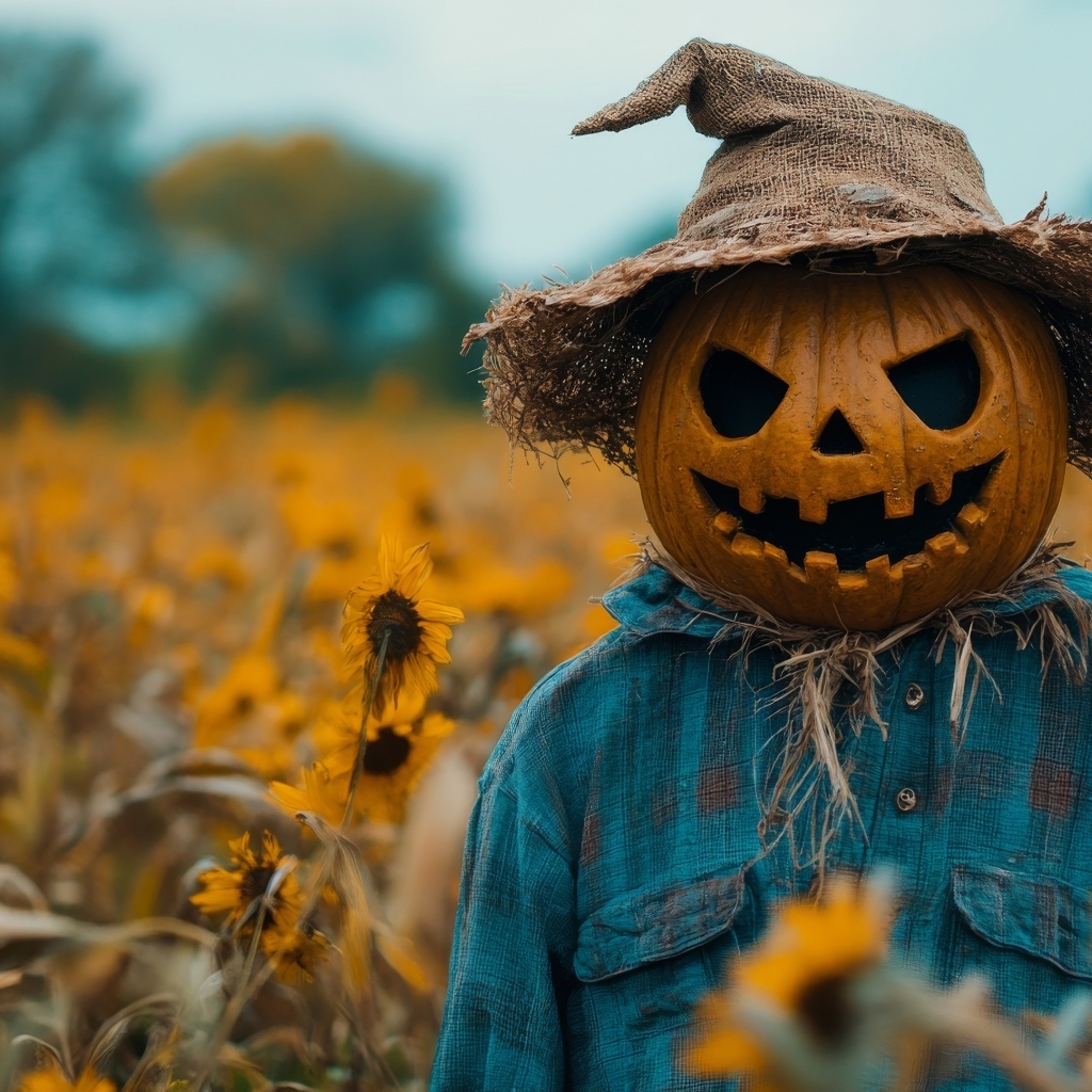 Пугало из тыквы в рубашке на поле