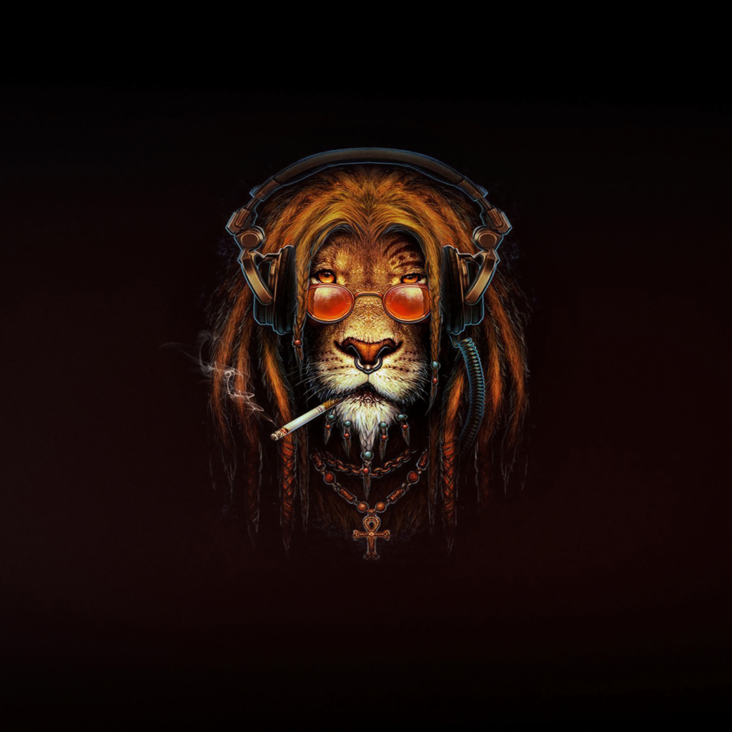 Лев растаман с сигаретой на черном фоне