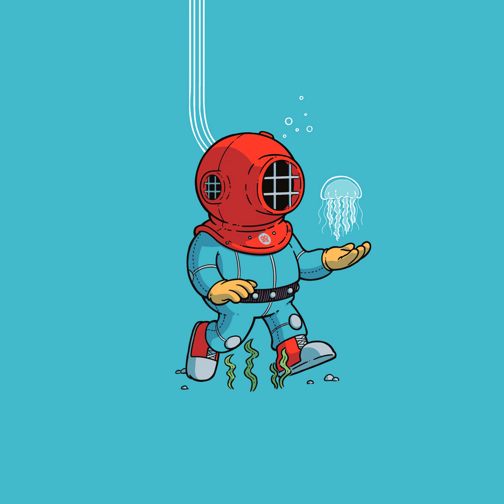 Аквалангист под водой на голубом фоне