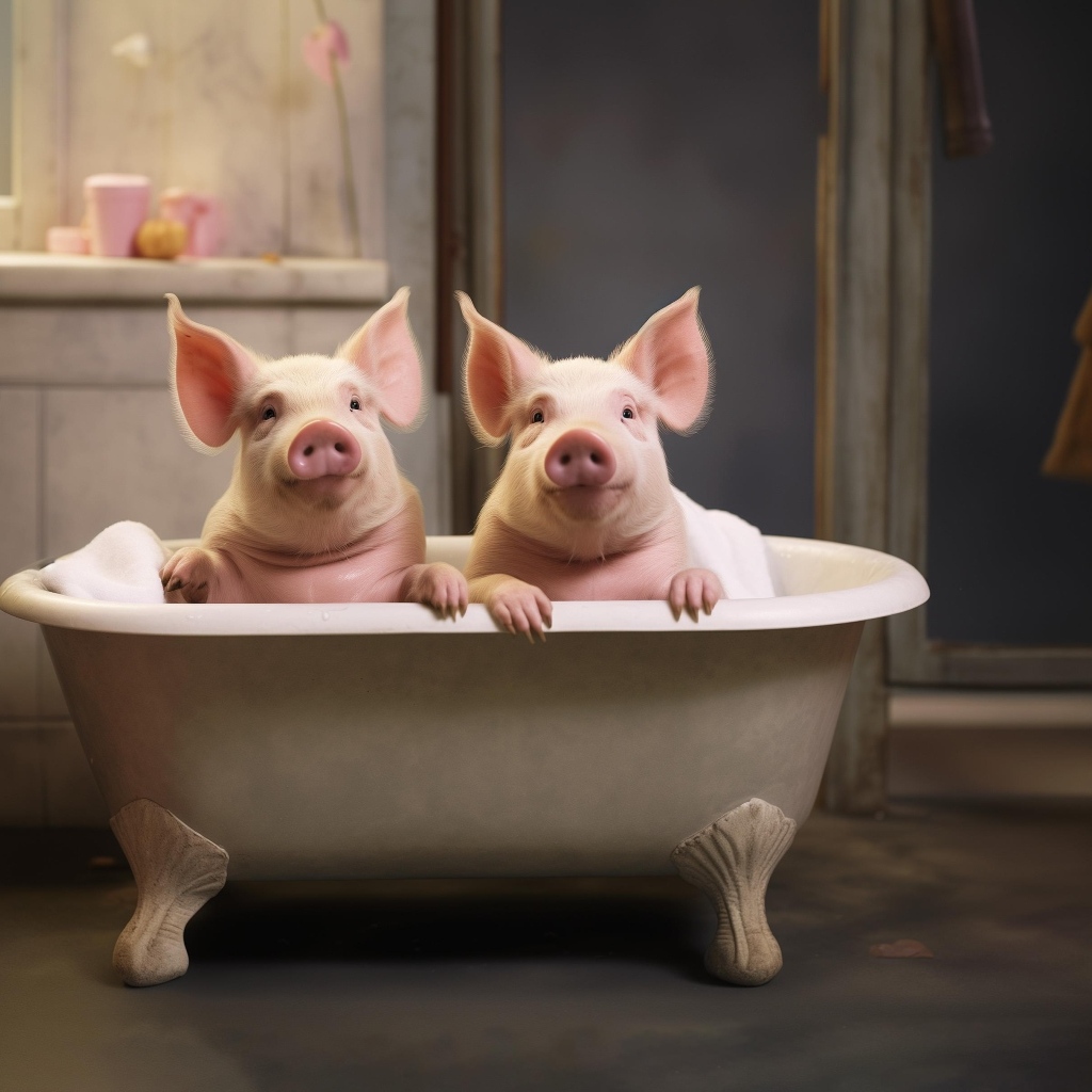 Два розовых поросенка в ванной