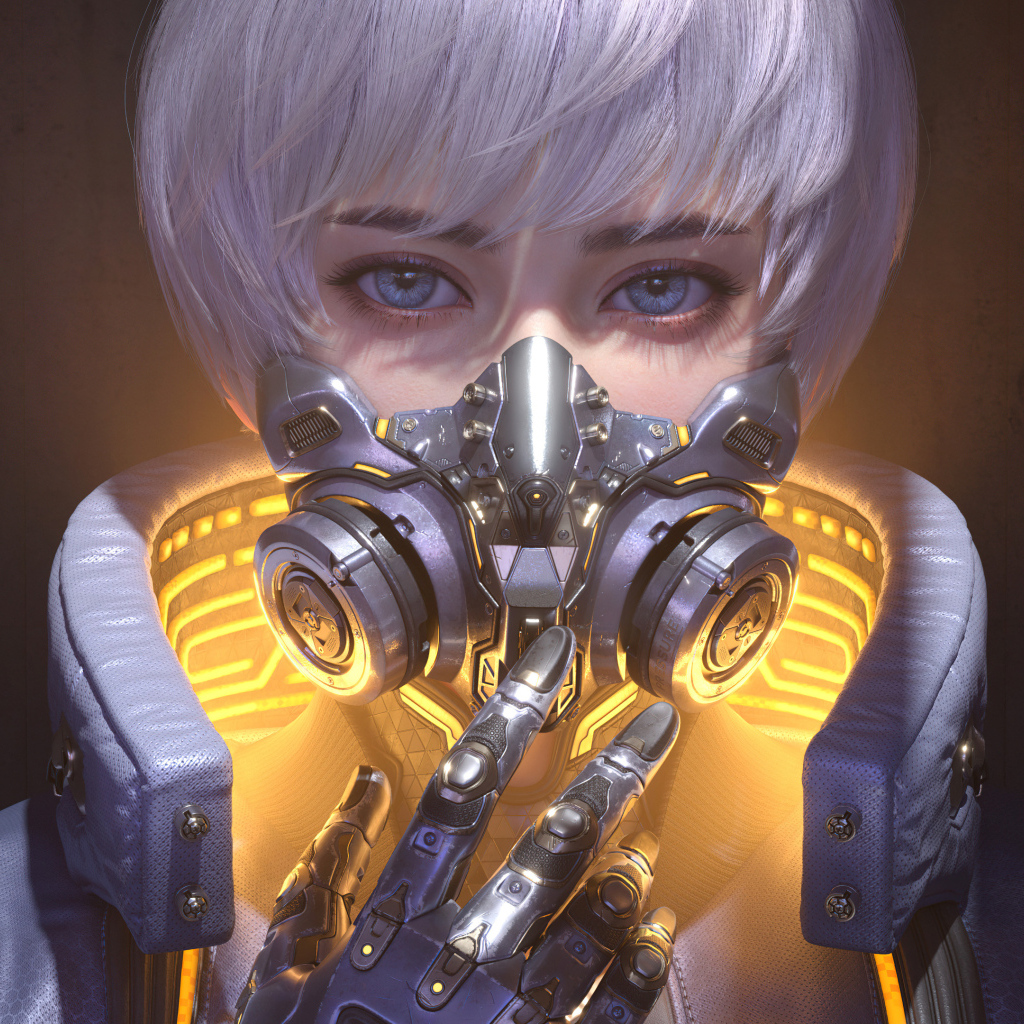 Голубоглазая девушка с маской на лице