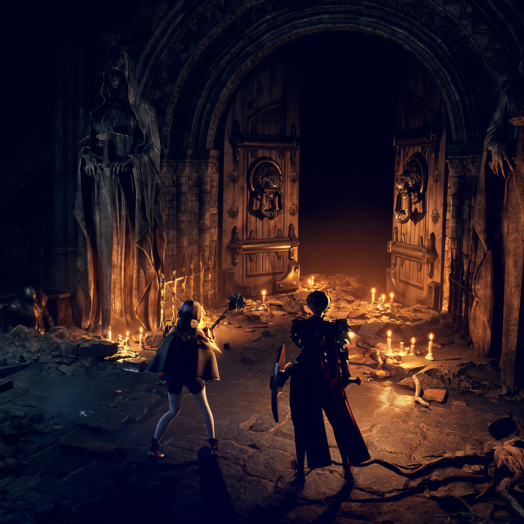 Персонажи у ворот в компьютерной игре Dungeon Stalkers, 2024