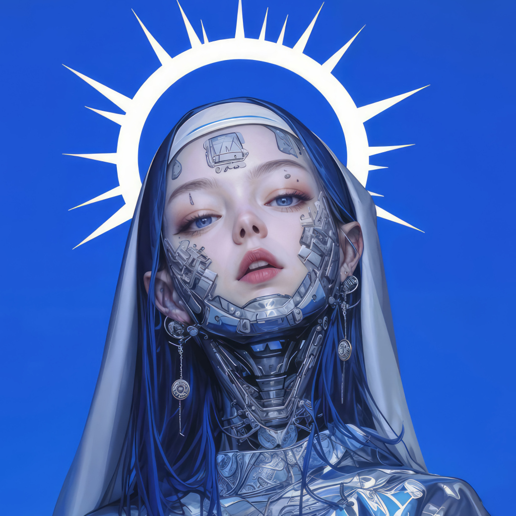 Девушка киборг cyberpunk на синем фоне