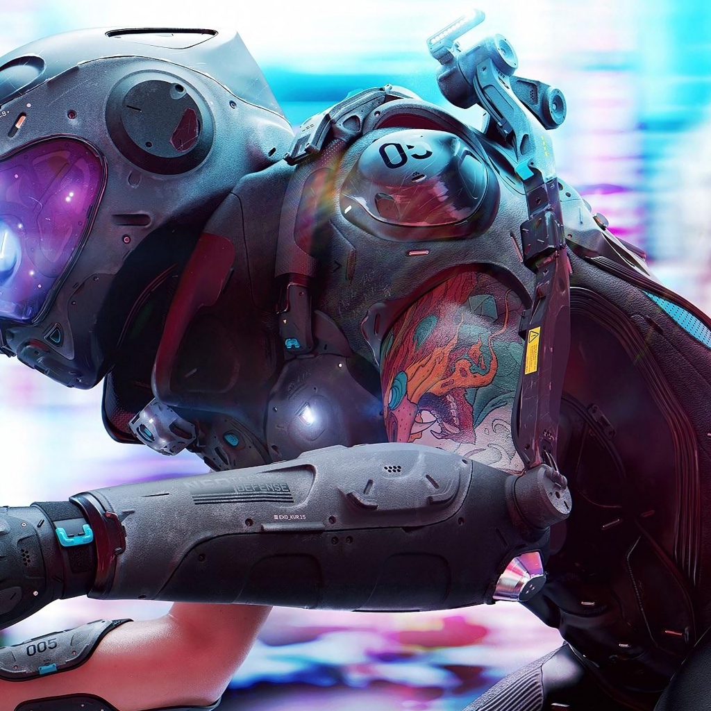 Девушка cyberpunk в костюме на мотоцикле