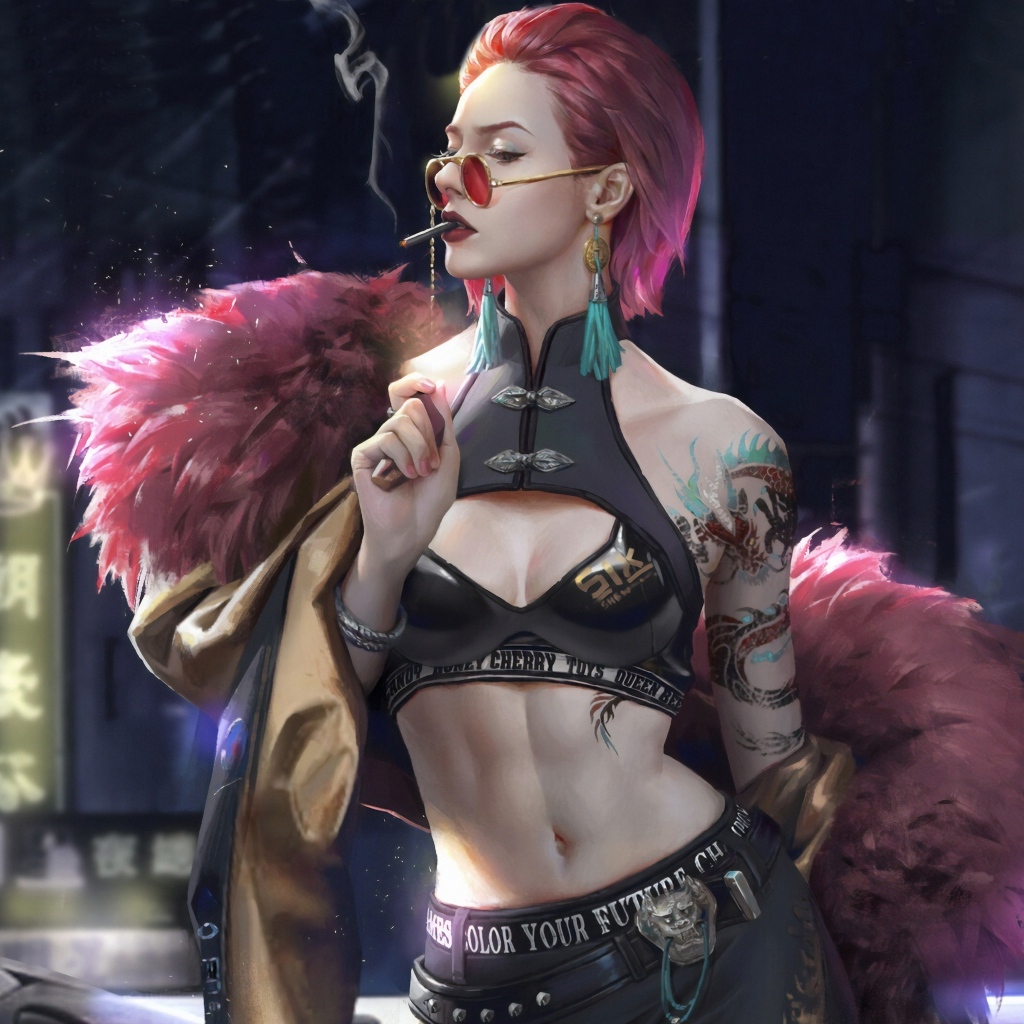 Девушка cyberpunk с сигаретой во рту