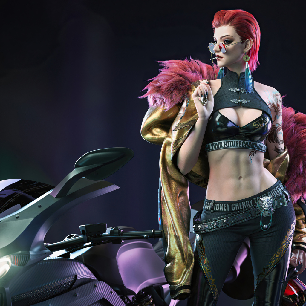 Девушка cyberpunk с мотоциклом