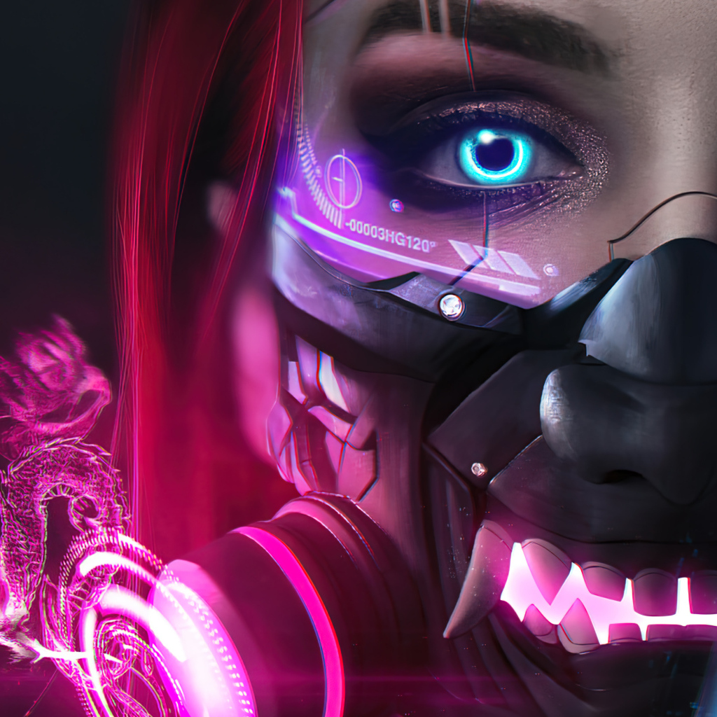 Девушка cyberpunk с голубыми глазами и маской на лице