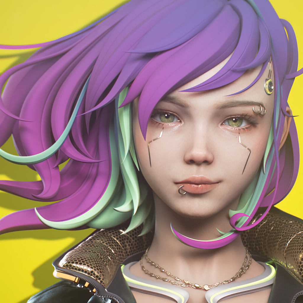 Девушка cyberpunk с сиреневыми волосами