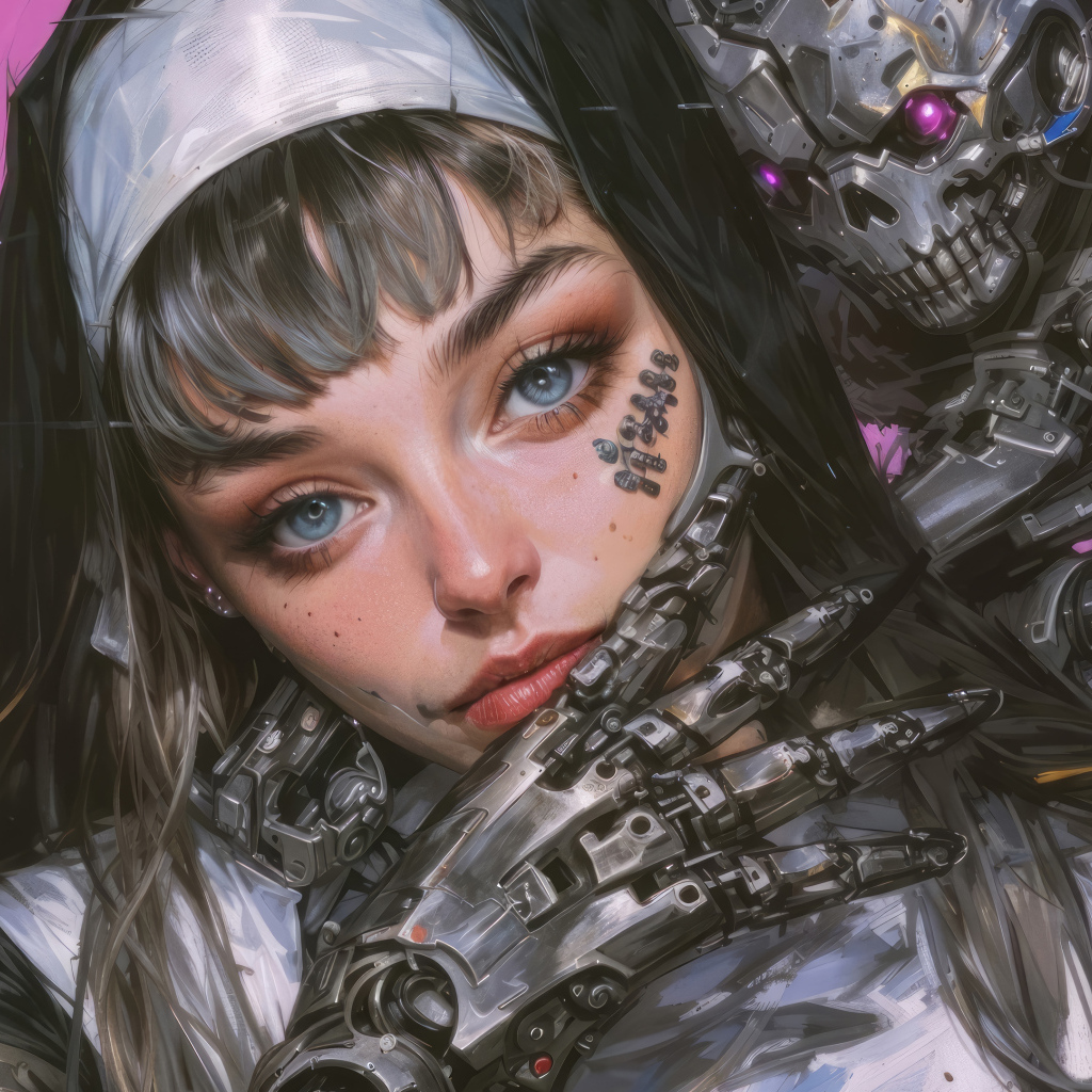 Девушка монашка киборг на розовом фоне