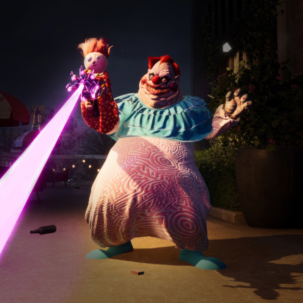 Толстый злой клоун из компьютерной игры Killer Klowns from Outer Space: The Game, 2024