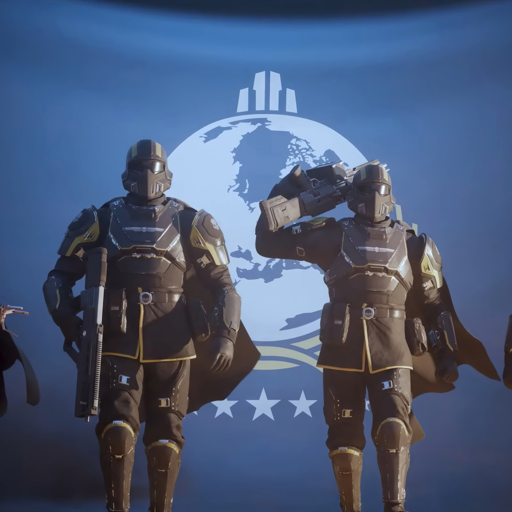 Четыре солдата из компьютерной игры Helldivers 2