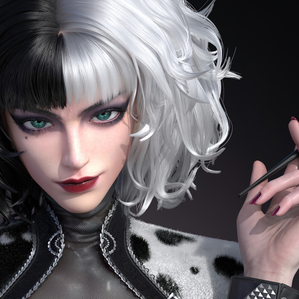 Зеленоглазая девушка Круэлла с сигаретой крупным планом