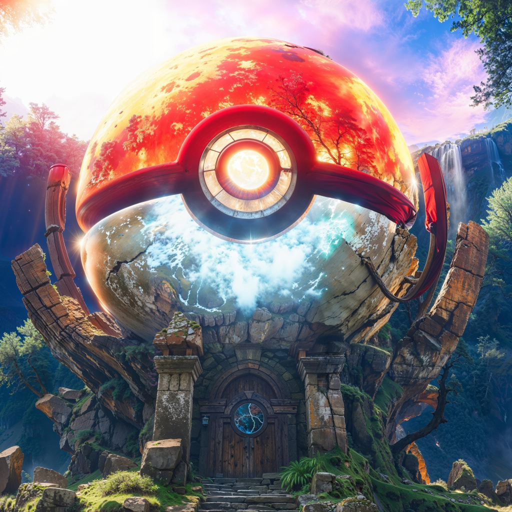 Покемон болл на доме в лесу у водопада