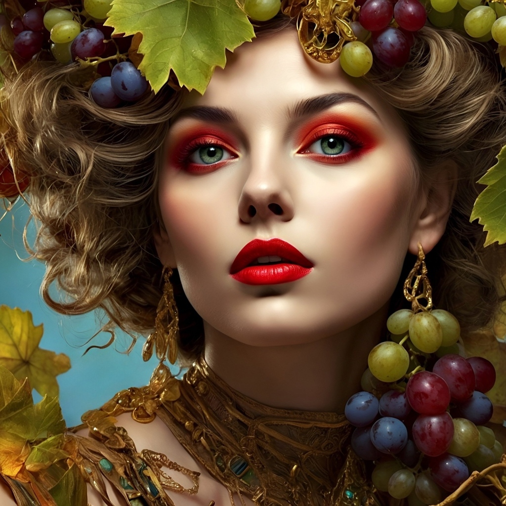 Красивая нарисованная девушка в винограде