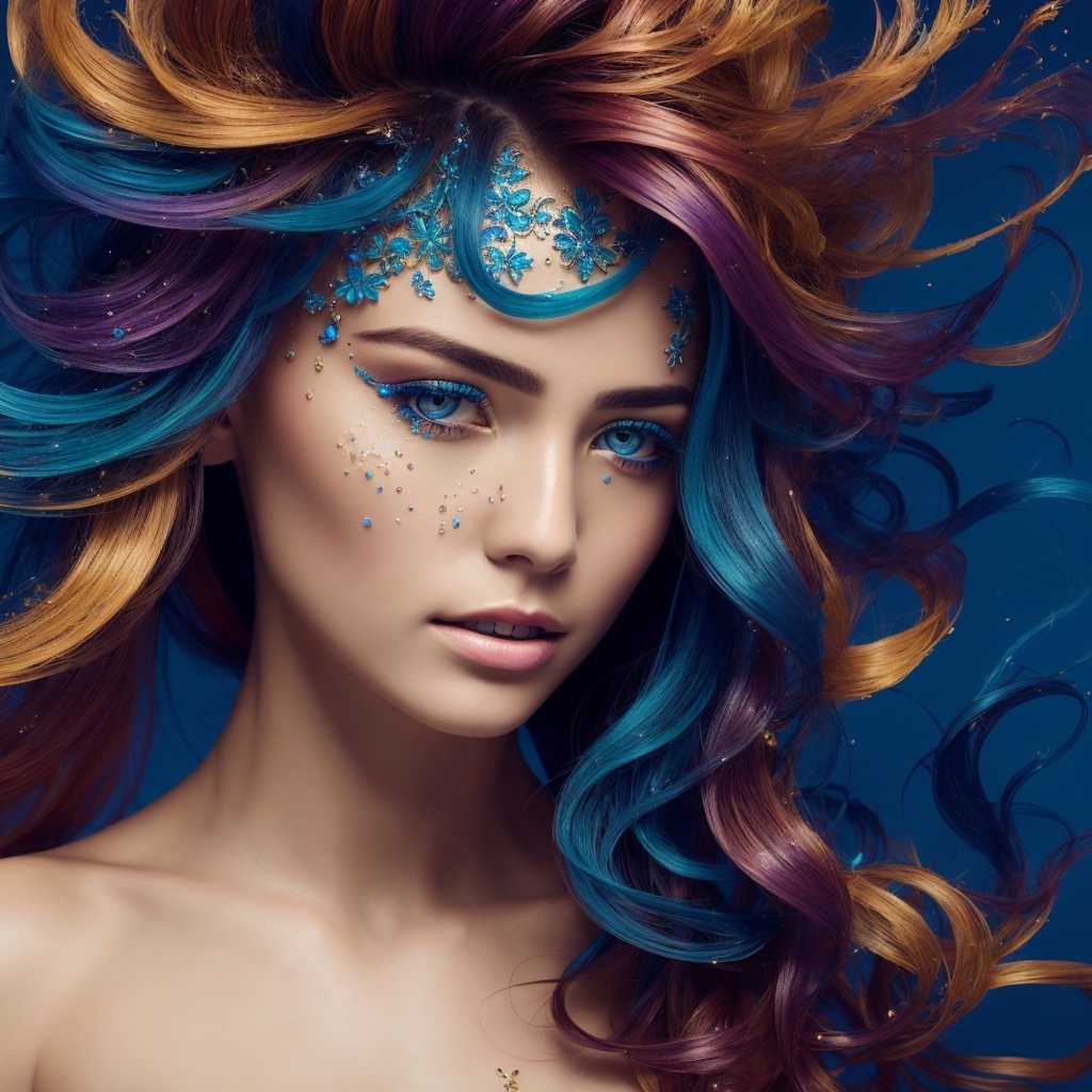 Яркие разноцветные волосы 3д девушки