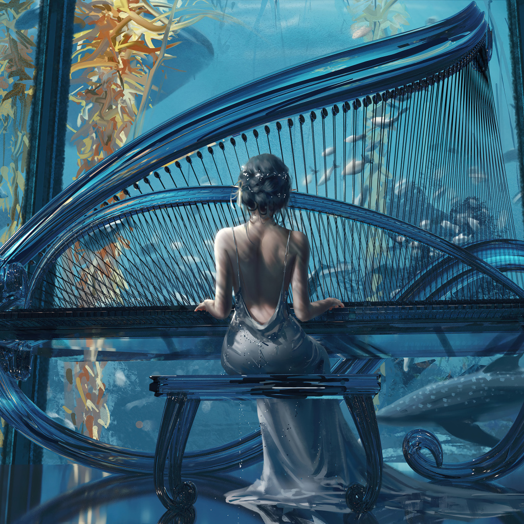 Девушка сидит за большим черным роялем