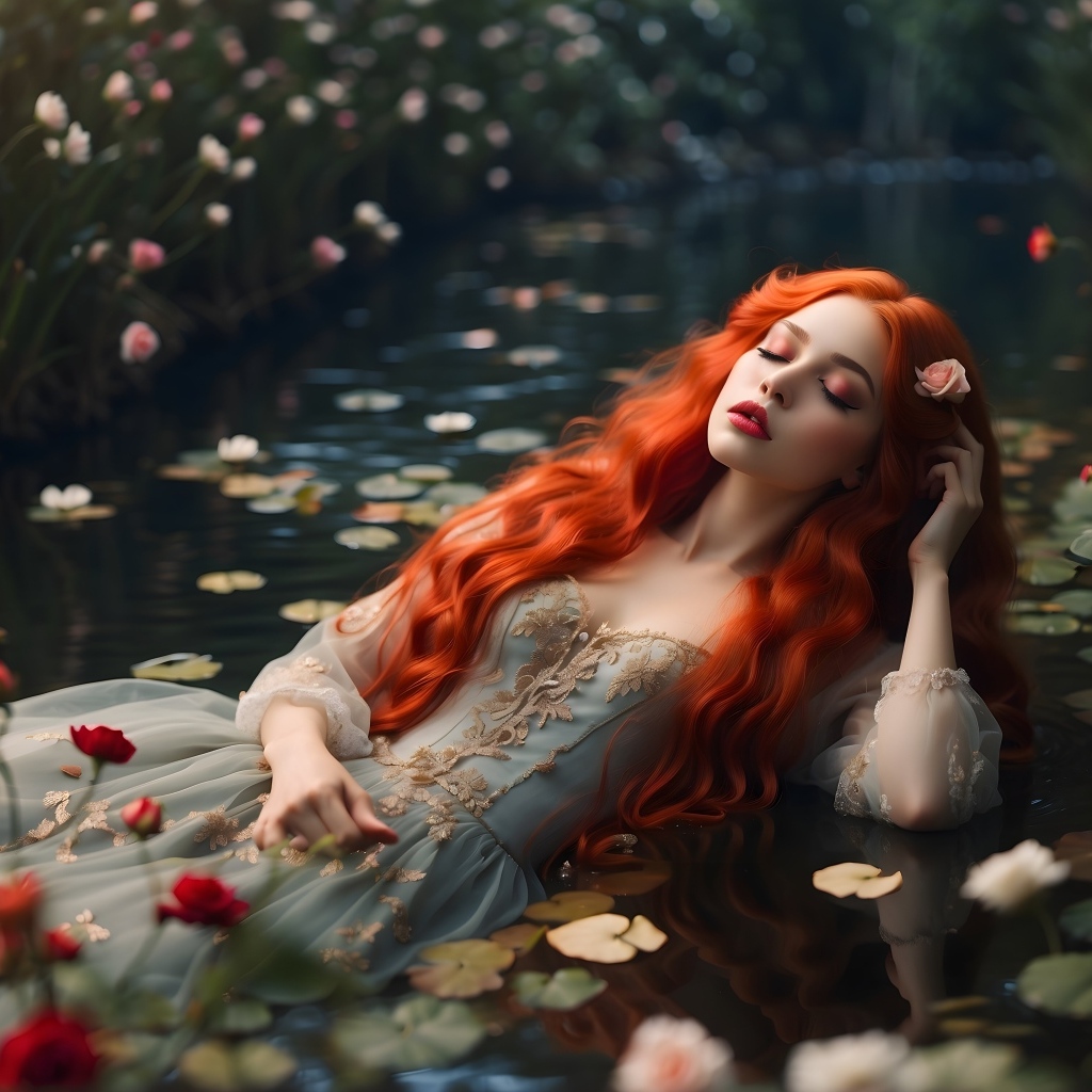 Рыжеволосая девушка в красивом платье лежит в воде