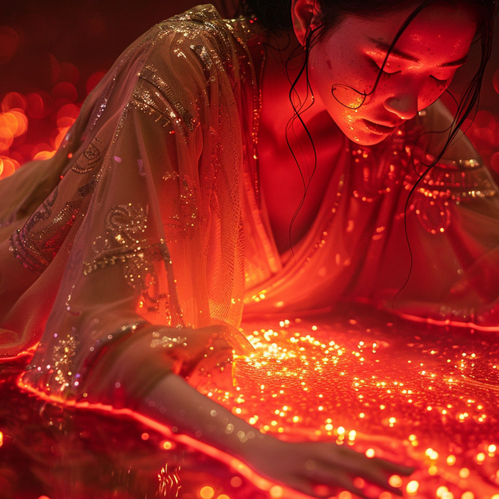 Девушка азиатка в красивом платье на светящемся фоне