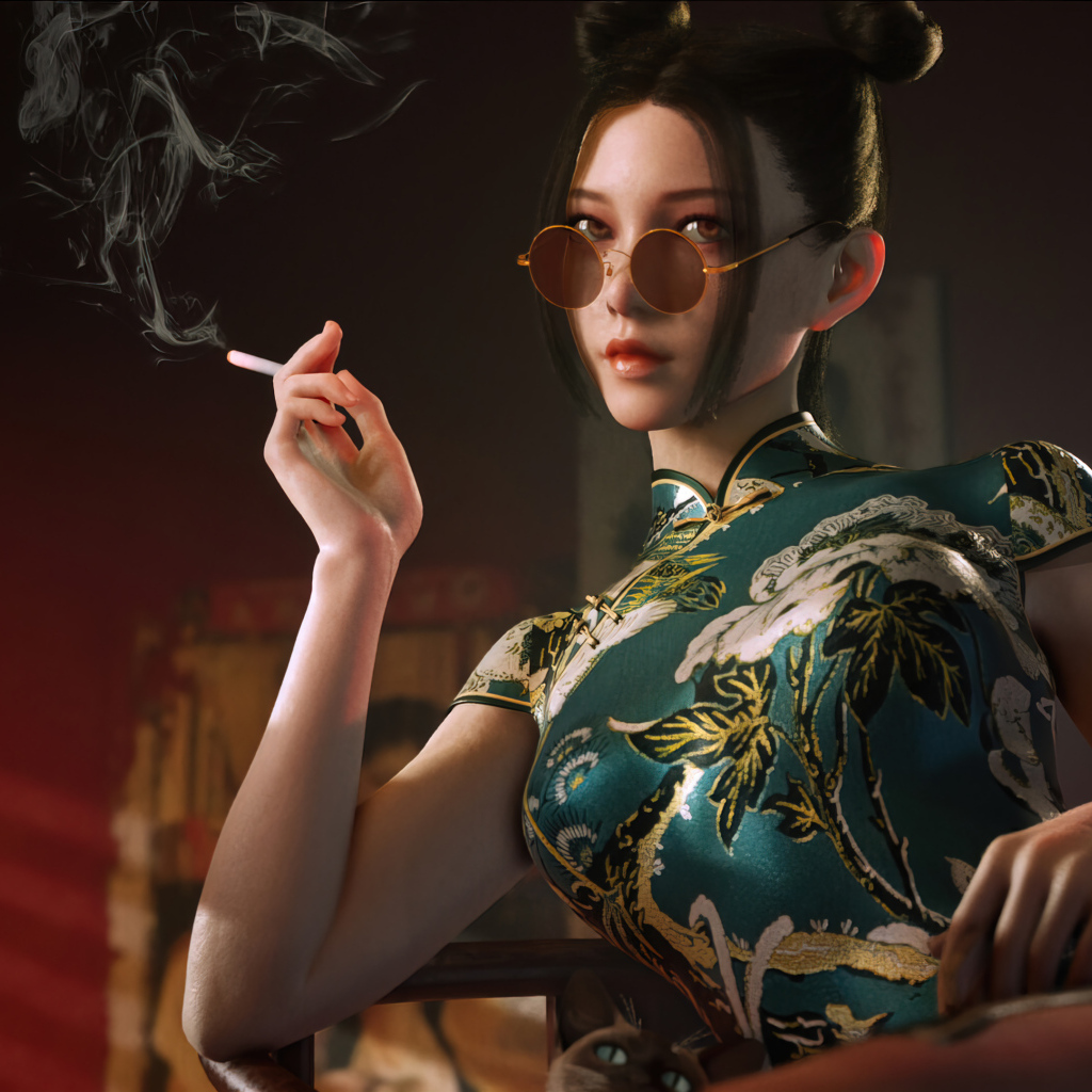 Девушка азиатка в красивом платье с сигаретой