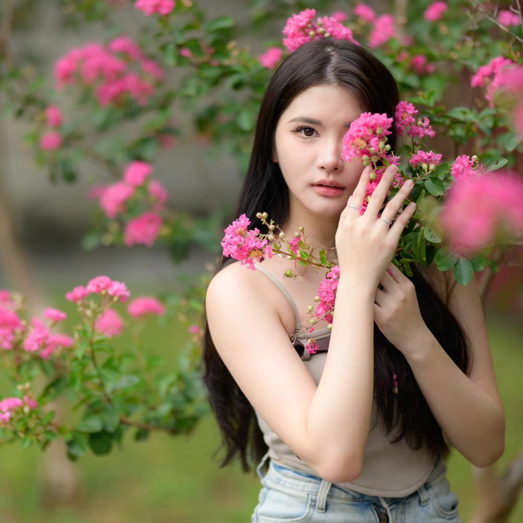 Азиатка закрывает лицо розовыми цветами на дереве