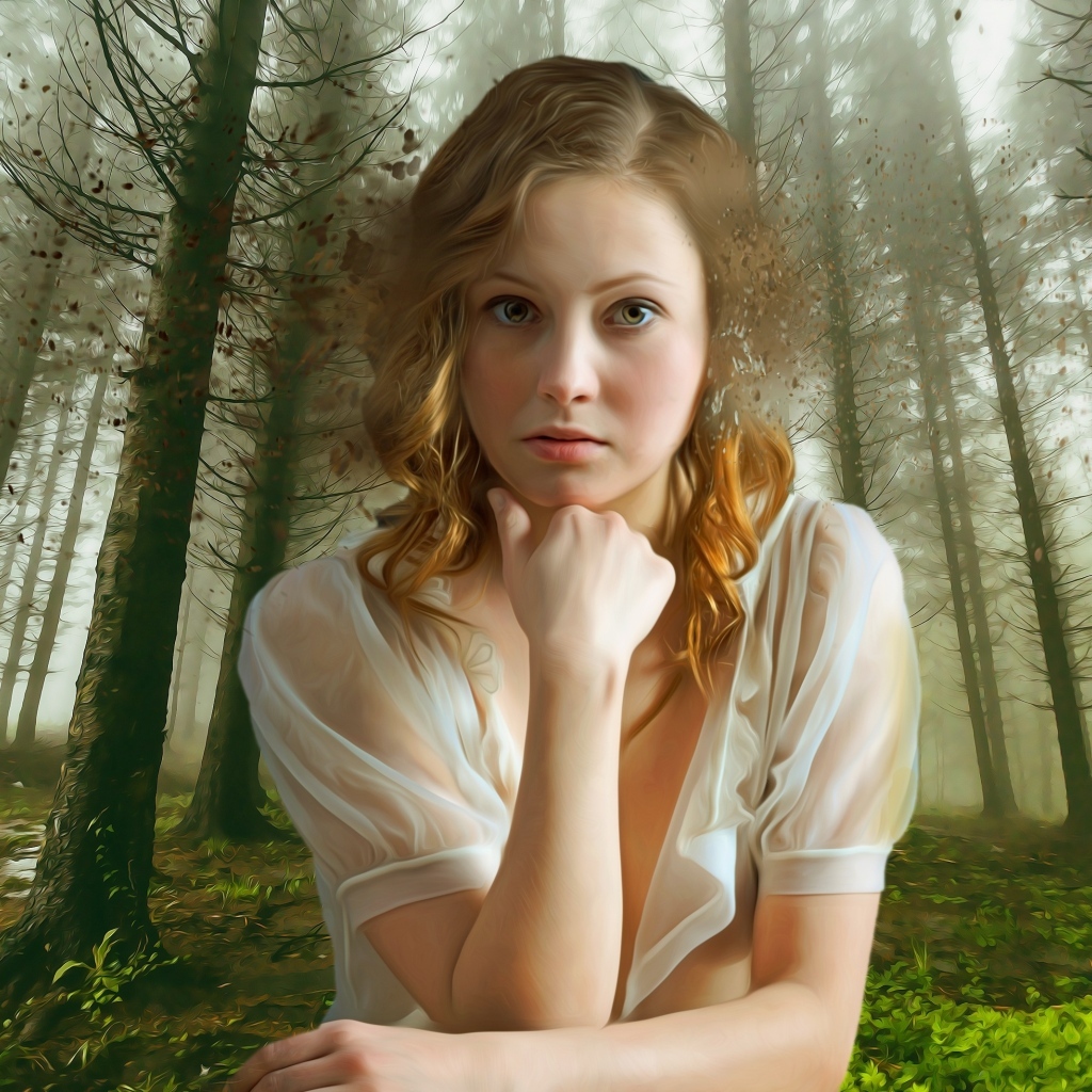 Красивая девушка на фоне нарисованного леса