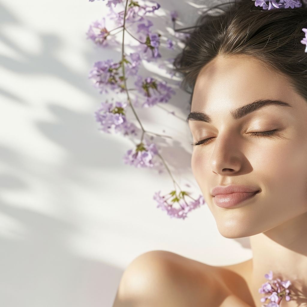 Красивая девушка с закрытыми глазами в цветах сирени