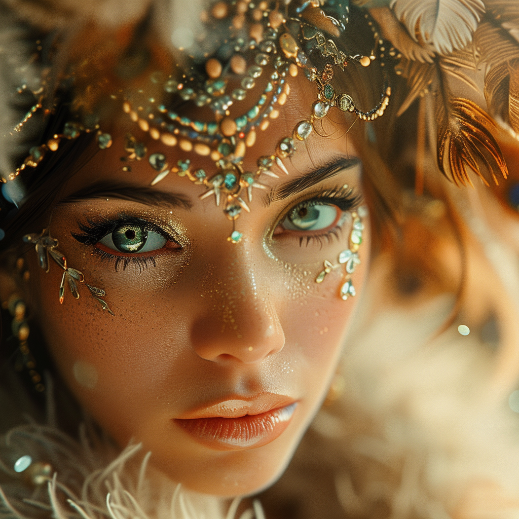 Красивая девушка с макияжем и блестящими украшениями на голове