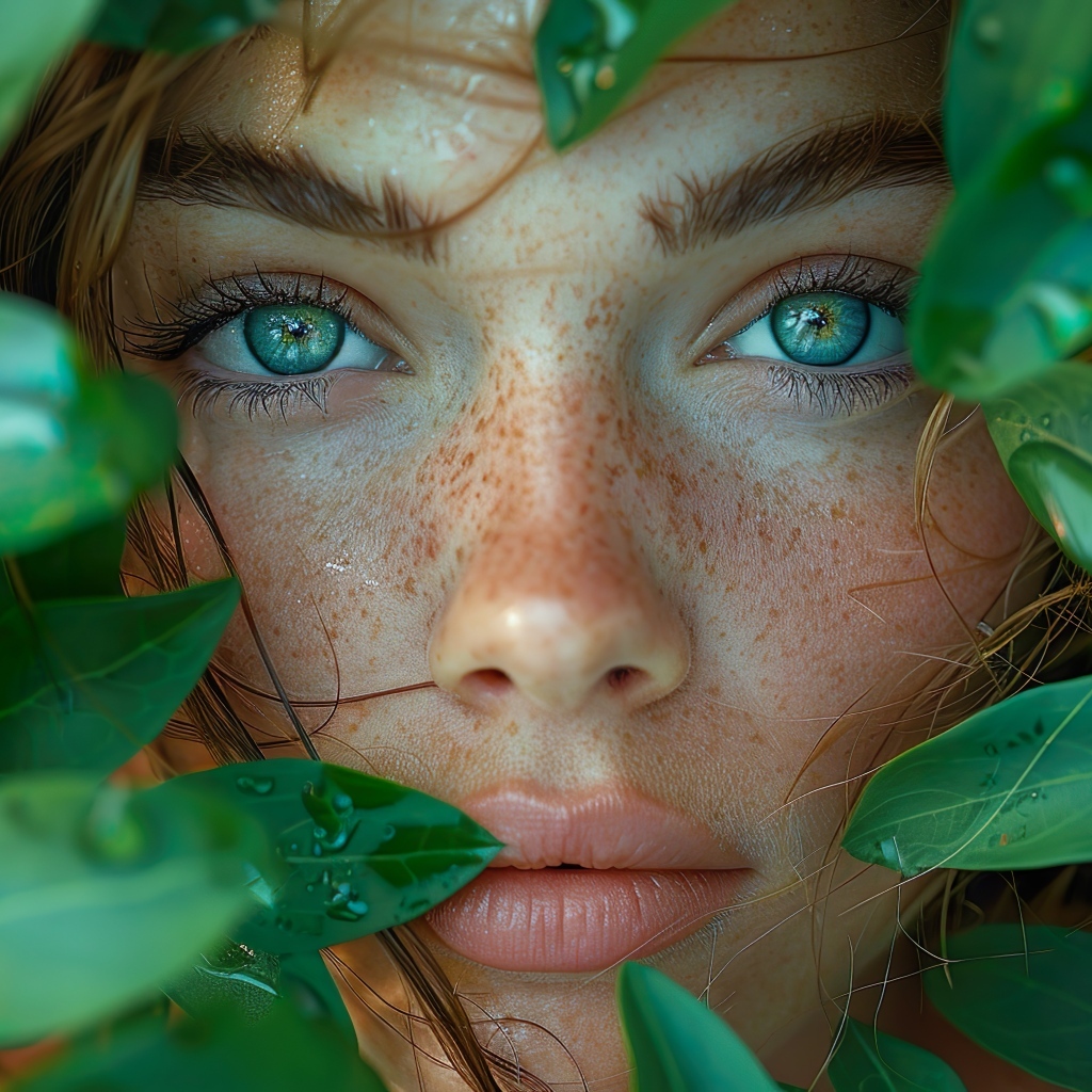 Красивая зеленоглазая девушка в зеленых листьях