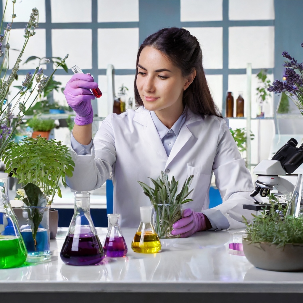 Девушка биолог в лаборатории с растениями