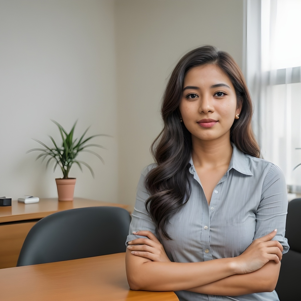 Милая девушка азиатка в серой рубашке за столом в офисе